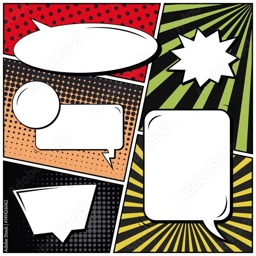 Abstract creative concept vector comic pop art style blank, layout template with clouds beams and isolated dots background. For sale banner, empty speech bubble set, illustration halftone book design.