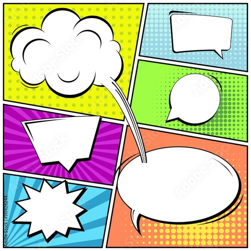 Abstract creative concept vector comic pop art style blank, layout template with clouds beams and isolated dots background. For sale banner, empty speech bubble set, illustration halftone book design.