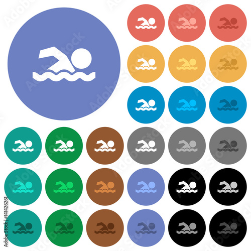 Swimming man round flat multi colored icons