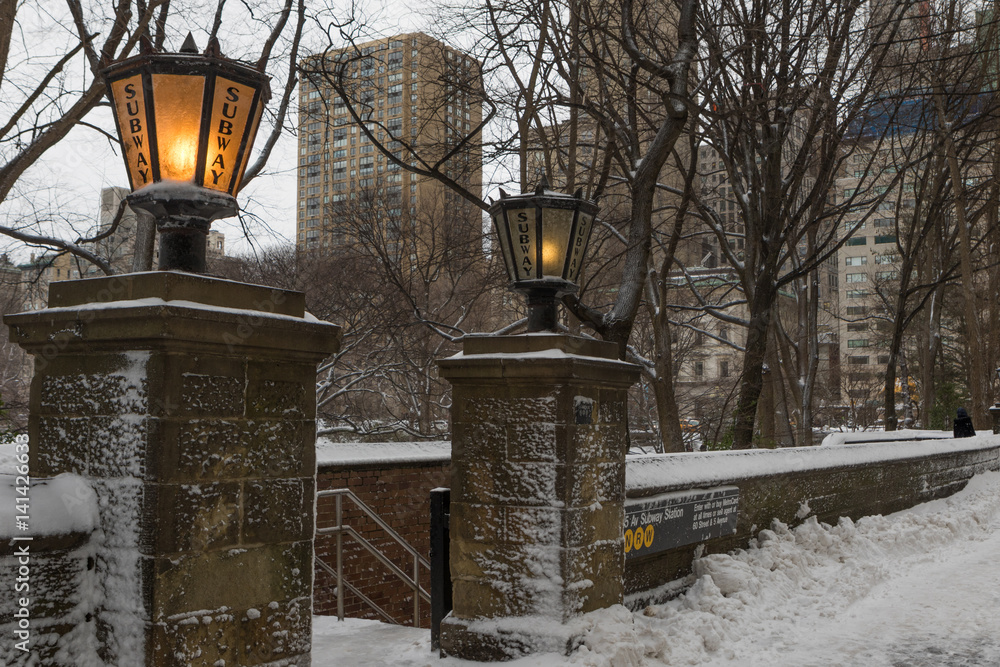 Blizzard in Central Park. Subway station in Manhattan