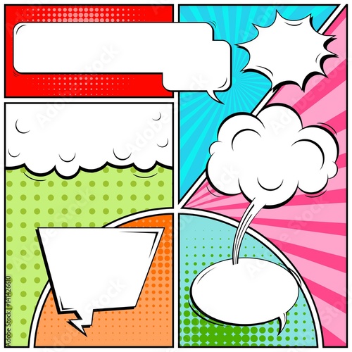 Abstract creative concept vector comic pop art style blank, layout template with clouds beams and isolated dots background. For sale banner, empty speech bubble set, illustration halftone book design.