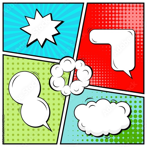 Abstract creative concept vector comic pop art style blank, layout template with clouds beams and isolated dots background. For sale banner, empty speech bubble set, illustration halftone book design.