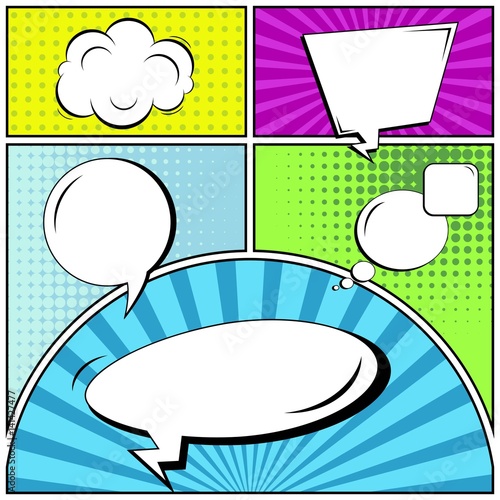 Abstract creative concept vector comic pop art style blank, layout template with clouds beams and isolated dots background. For sale banner, empty speech bubble set, illustration halftone book design.