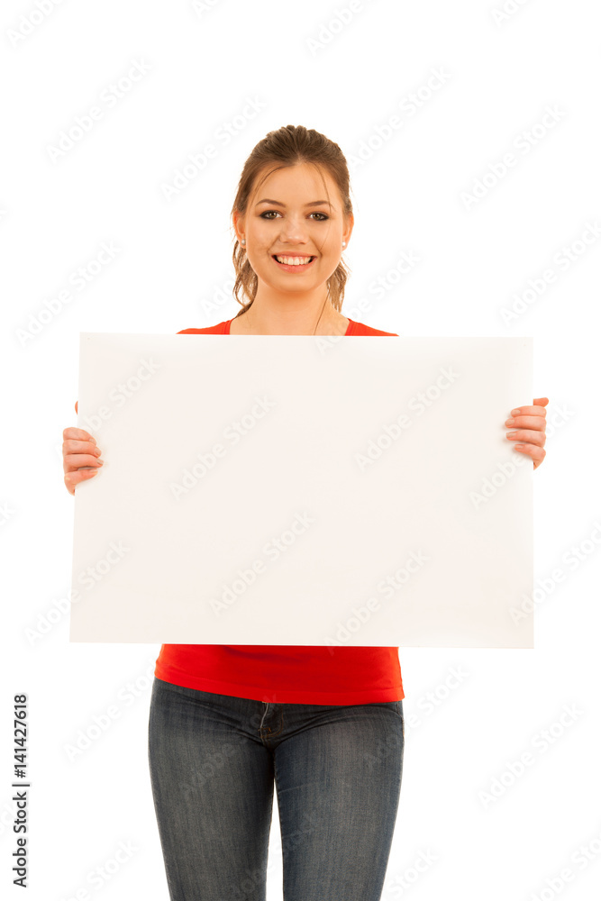young woman holding white board isolated over white background young woman holding white board isolated over white background