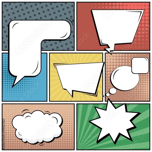 Abstract creative concept vector comic pop art style blank, layout template with clouds beams and isolated dots background. For sale banner, empty speech bubble set, illustration halftone book design.