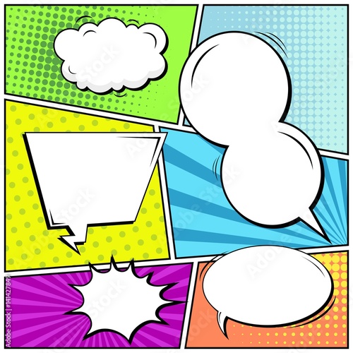 Abstract creative concept vector comic pop art style blank, layout template with clouds beams and isolated dots background. For sale banner, empty speech bubble set, illustration halftone book design.