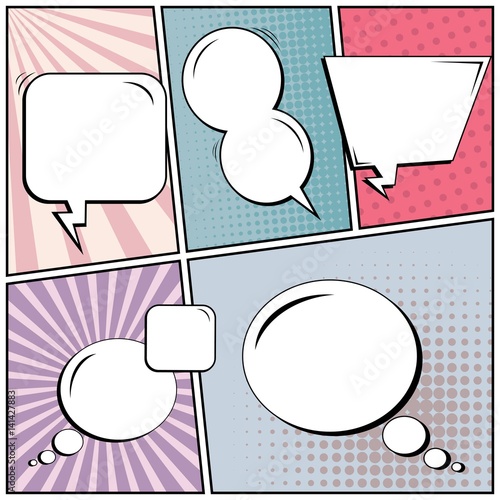 Abstract creative concept vector comic pop art style blank, layout template with clouds beams and isolated dots background. For sale banner, empty speech bubble set, illustration halftone book design.