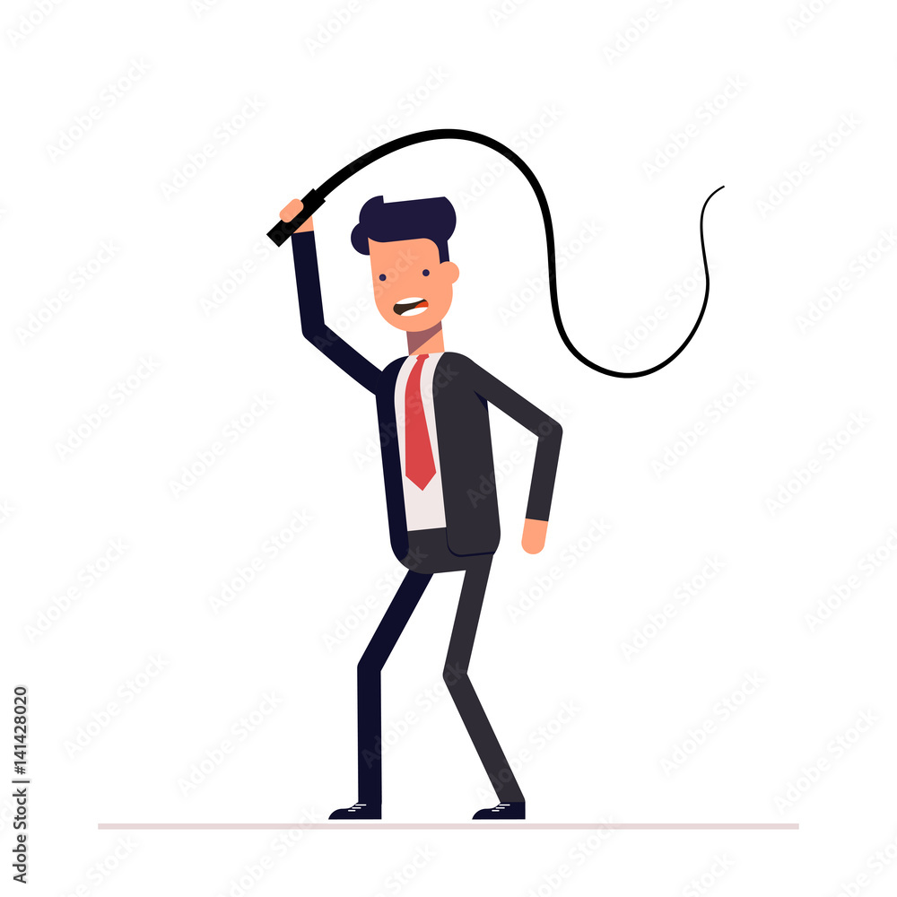 Evil boss or businessman with a whip in his hands. Domination, demonstration of power and power. The slaveholder. Oppression of the weak. Evil boss or businessman with a whip in his hands. Domination, demonstration of power and power. The slaveholder. Oppression of the weak.