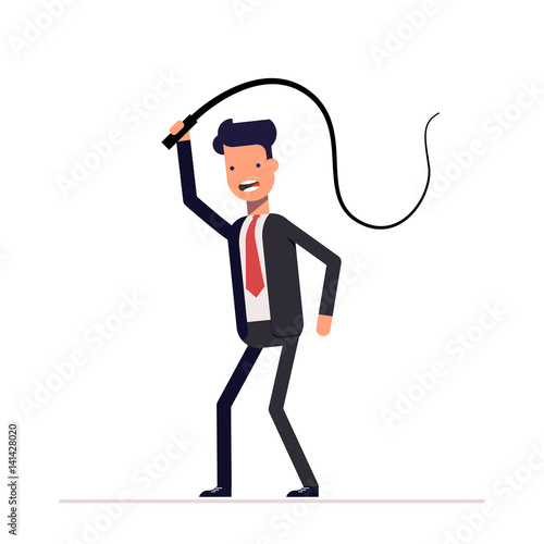 Evil boss or businessman with a whip in his hands. Domination, demonstration of power and power. The slaveholder. Oppression of the weak.