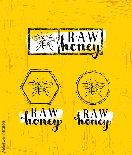Raw Honey Creative Sign Vector Concept. Organic Healthy Food Design Element With Bee Icon On Rough Stained Background
