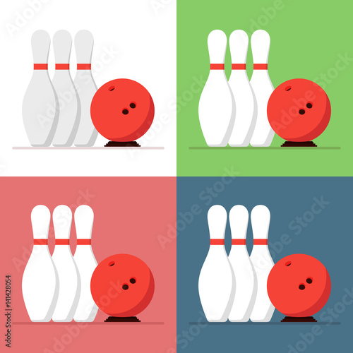 Bowling ball and skittles set isolated on a colored background in a flat style. Icon for the game club.
