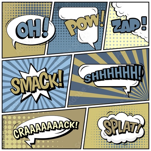 Abstract creative concept vector comic pop art style blank, layout template with clouds beams and isolated dots background. For sale banner, empty speech bubble set, illustration halftone book design.