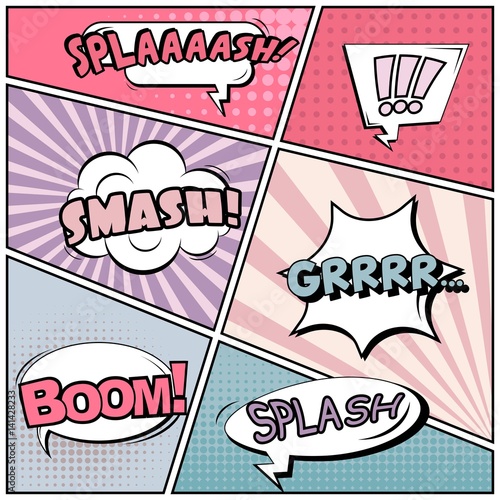 Abstract creative concept vector comic pop art style blank, layout template with clouds beams and isolated dots background. For sale banner, empty speech bubble set, illustration halftone book design.