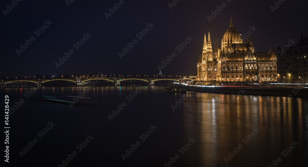 Budapest parliament and a bridge in night