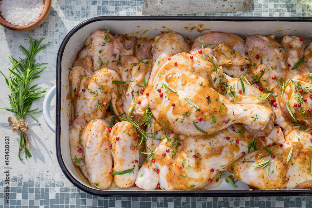 Fresh chicken legs in the summer garden Fresh chicken legs in the summer garden