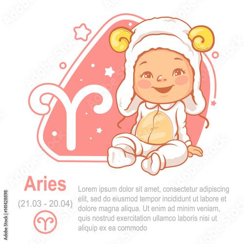 Children's horoscope icon. Kids zodiac. Cute little baby as Aries astrological sign. Funny animal costume. Colorful vector illustration with text template. Astrological symbol as cartoon character.