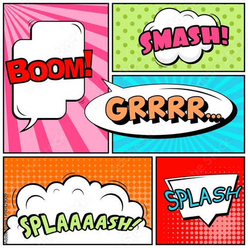 Abstract creative concept vector comic pop art style blank, layout template with clouds beams and isolated dots background. For sale banner, empty speech bubble set, illustration halftone book design.