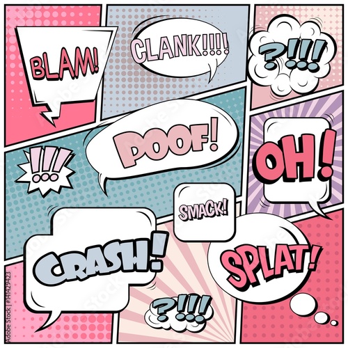 Abstract creative concept vector comic pop art style blank, layout template with clouds beams and isolated dots background. For sale banner, empty speech bubble set, illustration halftone book design.