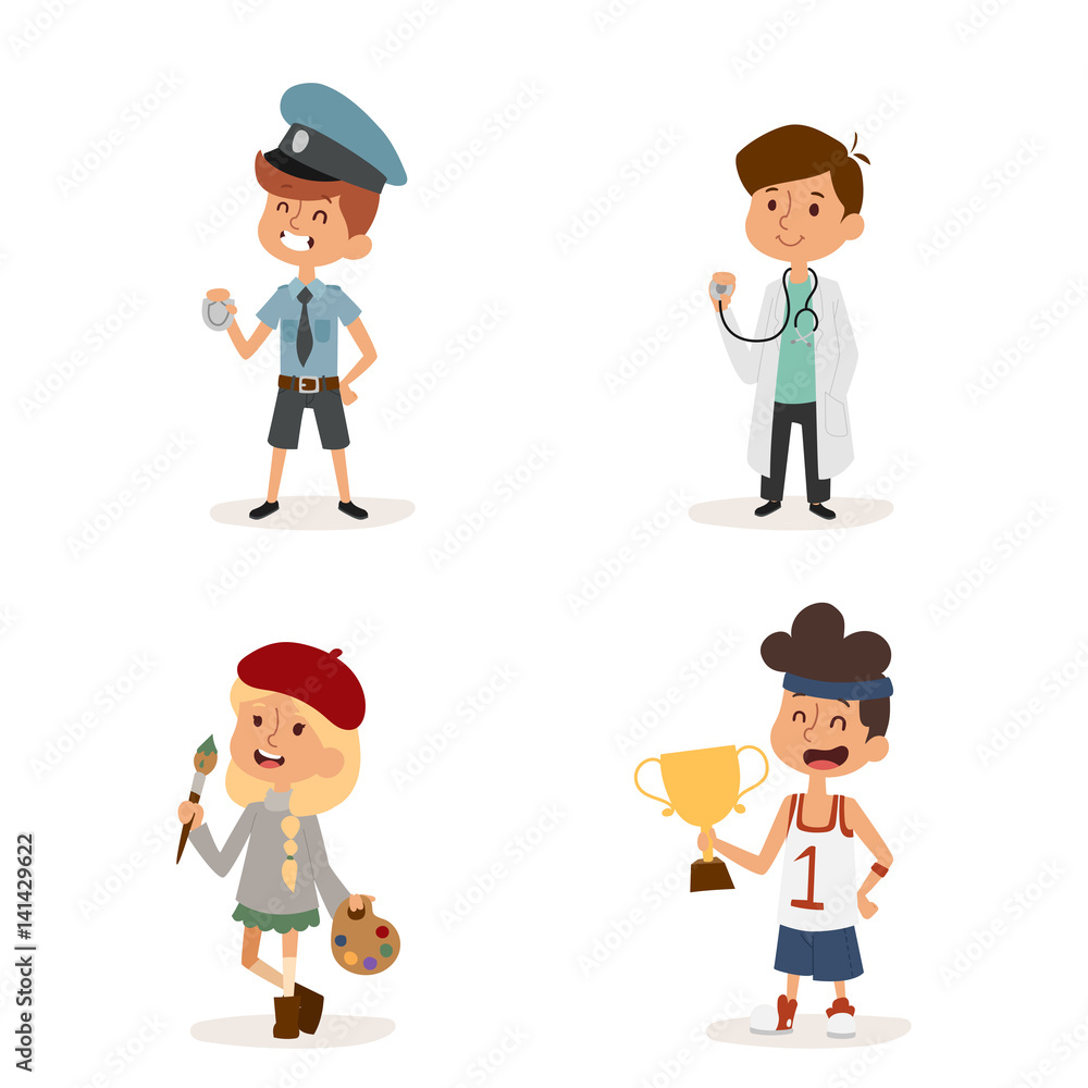 cartoon profession kids children vector set illustration person childhood painter sportsman builder policeman doctor artist uniform worker character cartoon profession kids children vector set illustration person childhood painter sportsman builder policeman doctor artist uniform worker character