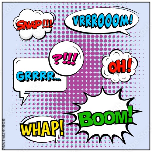 Abstract creative concept vector comic pop art style blank, layout template with clouds beams and isolated dots background. For sale banner, empty speech bubble set, illustration halftone book design.