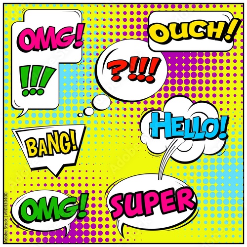 Abstract creative concept vector comic pop art style blank, layout template with clouds beams and isolated dots background. For sale banner, empty speech bubble set, illustration halftone book design.