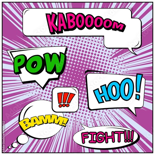 Abstract creative concept vector comic pop art style blank, layout template with clouds beams and isolated dots background. For sale banner, empty speech bubble set, illustration halftone book design.