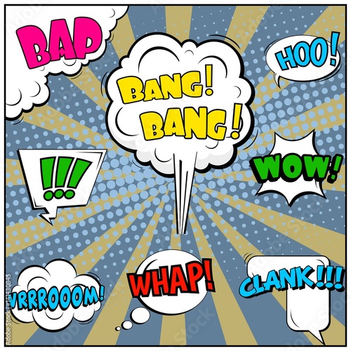 Abstract creative concept vector comic pop art style blank, layout template with clouds beams and isolated dots background. For sale banner, empty speech bubble set, illustration halftone book design.