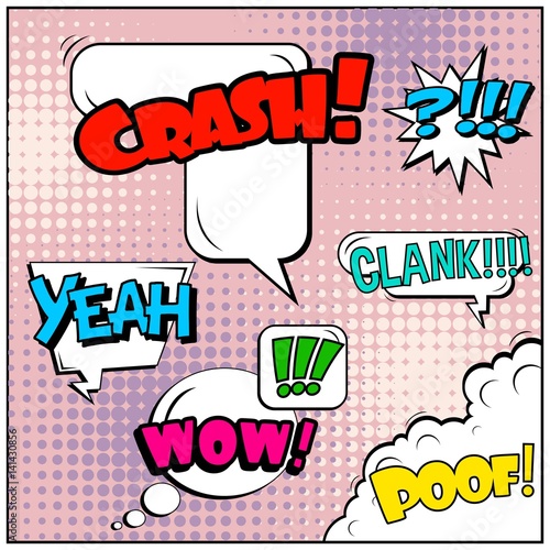 Abstract creative concept vector comic pop art style blank, layout template with clouds beams and isolated dots background. For sale banner, empty speech bubble set, illustration halftone book design.