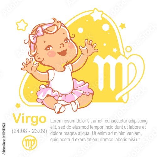 Children's horoscope icon. Kids zodiac. Cute little baby girl as Virgo astrological sign. Princess blonde in pink tutu with bow. Colorful vector illustration. Astrological symbol as cartoon character.