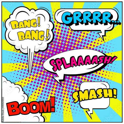 Abstract creative concept vector comic pop art style blank, layout template with clouds beams and isolated dots background. For sale banner, empty speech bubble set, illustration halftone book design.