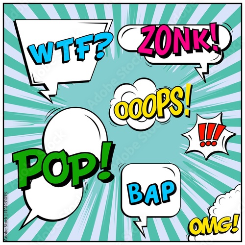 Abstract creative concept vector comic pop art style blank, layout template with clouds beams and isolated dots background. For sale banner, empty speech bubble set, illustration halftone book design.
