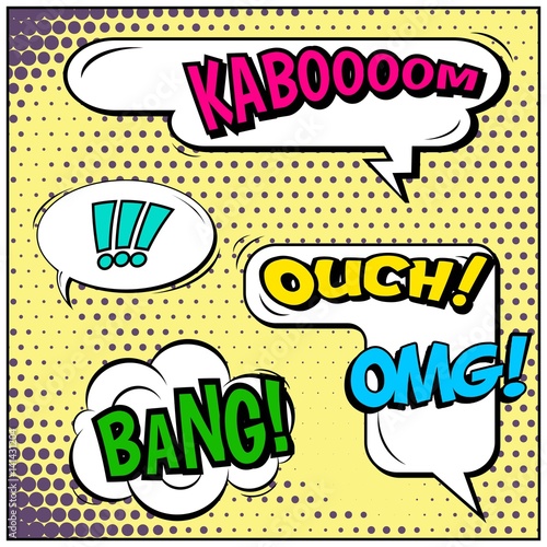 Abstract creative concept vector comic pop art style blank, layout template with clouds beams and isolated dots background. For sale banner, empty speech bubble set, illustration halftone book design.