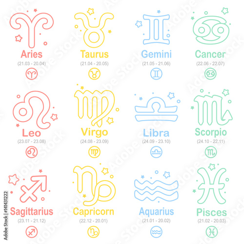 Set of line art zodiac signs. Collection of zodiac symbols, Bright color vector graphics set with dates and icons.