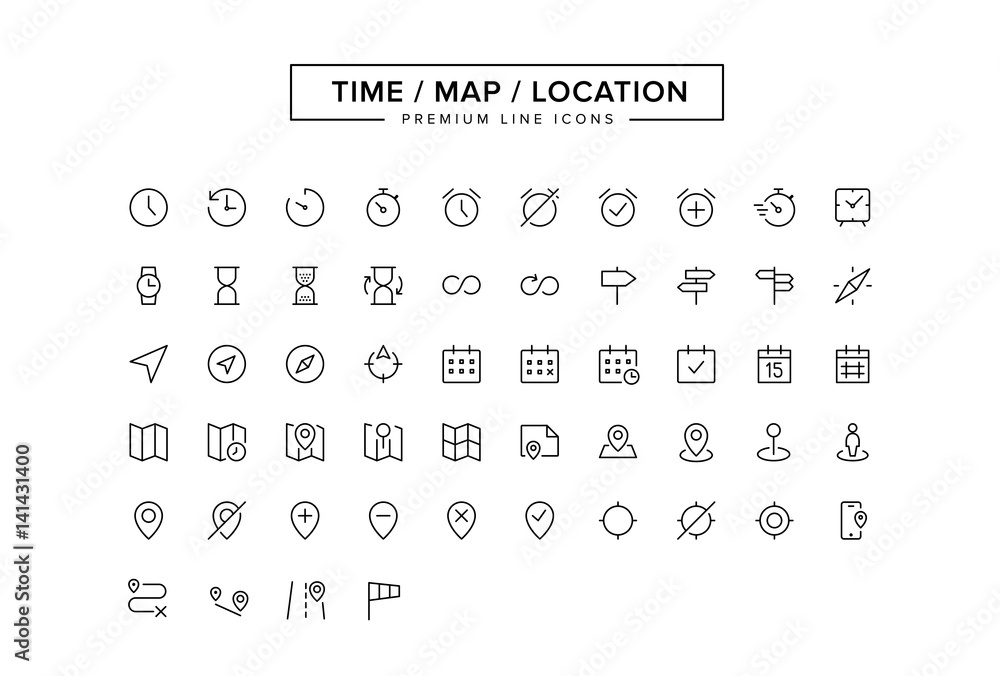 Time Map Location Line icon set