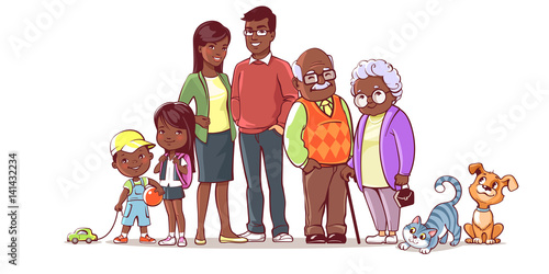 African american family together. Group of people standing. Little boy, teenager girl, woman, man, old man, senior woman, cat, dog. Father, mother, sister, brother, grandfather, grandmother, pets.