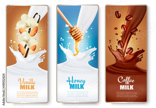 Set of banners with chocolate and milk splashes. Vector.