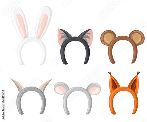 Set mask cat, rabbit, deer antler and ears. Isolated on white vector illustration Flat design style vector illustration.