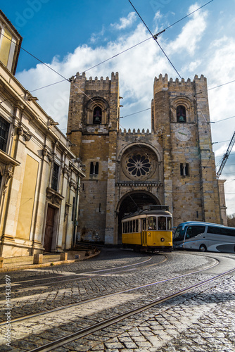 Lisbon tram and Sé cathedral, Lisbon, Portugal 