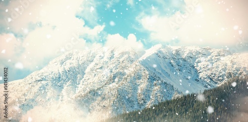 Snow covered mountain in forest 3d
