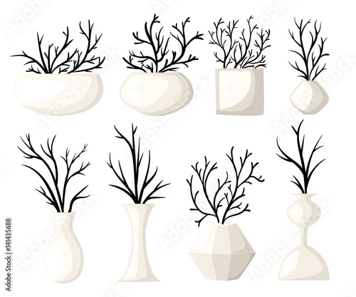 Branch vase icon set for interiors Flat design style vector illustration.