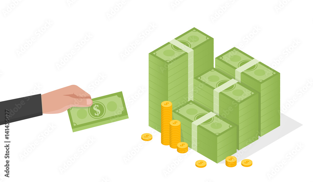 Obraz premium Businessman hand holds a stack of green dollars money vector illustration
