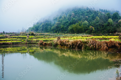 The lake scenery in the mist