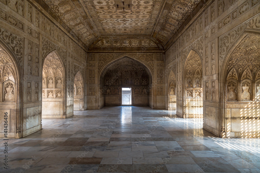 Carvings of royal palace inside the Khas Mahal at Agra Fort. Agra Fort is a UNESCO World Heritage site.
