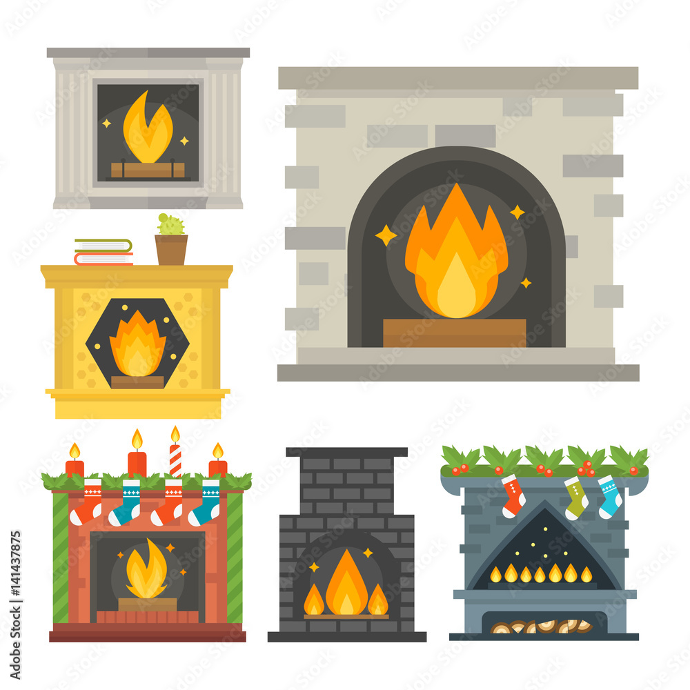 Flat style fireplace icon design house room warm christmas flame bright decoration coal furnace and comfortable warmth energy indoors vector illustration. Flat style fireplace icon design house room warm christmas flame bright decoration coal furnace and comfortable warmth energy indoors vector illustration.