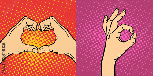 Hands showing deaf-mute different gestures human arm hold communication and direction design fist touch pop art style colorful vector illusstration.