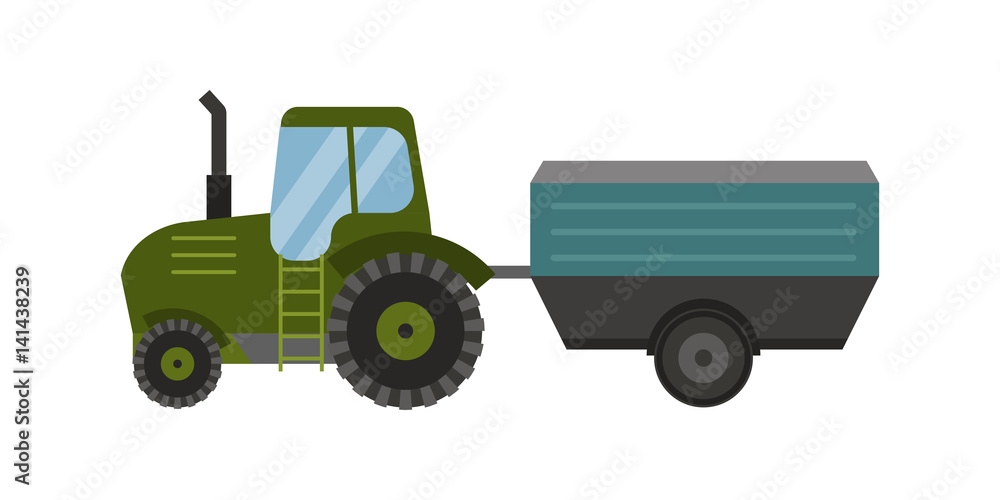 Agriculture industrial farm equipment machinery tractor combine and trailer rural machinery corn car harvesting wheel vector illustration.