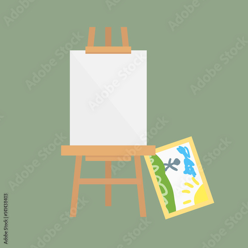 Easel art board vector isolated for some artist with paint palette paper canvas artboard and themed kids creativity creation symbol vector illustration.