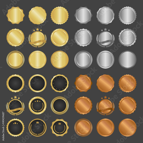 Collection of modern, gold circle metal badges, labels and design elements. Vector illustration