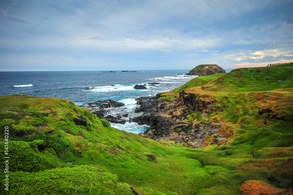 Landscape View of  green hills and rugged coastline Australia. Cape Woolamai and the Pinnacles of Phillip Island, Melbourne.