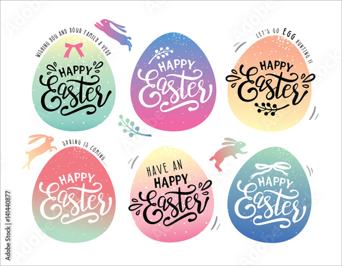Set of easter eggs with happy Easter lettering
